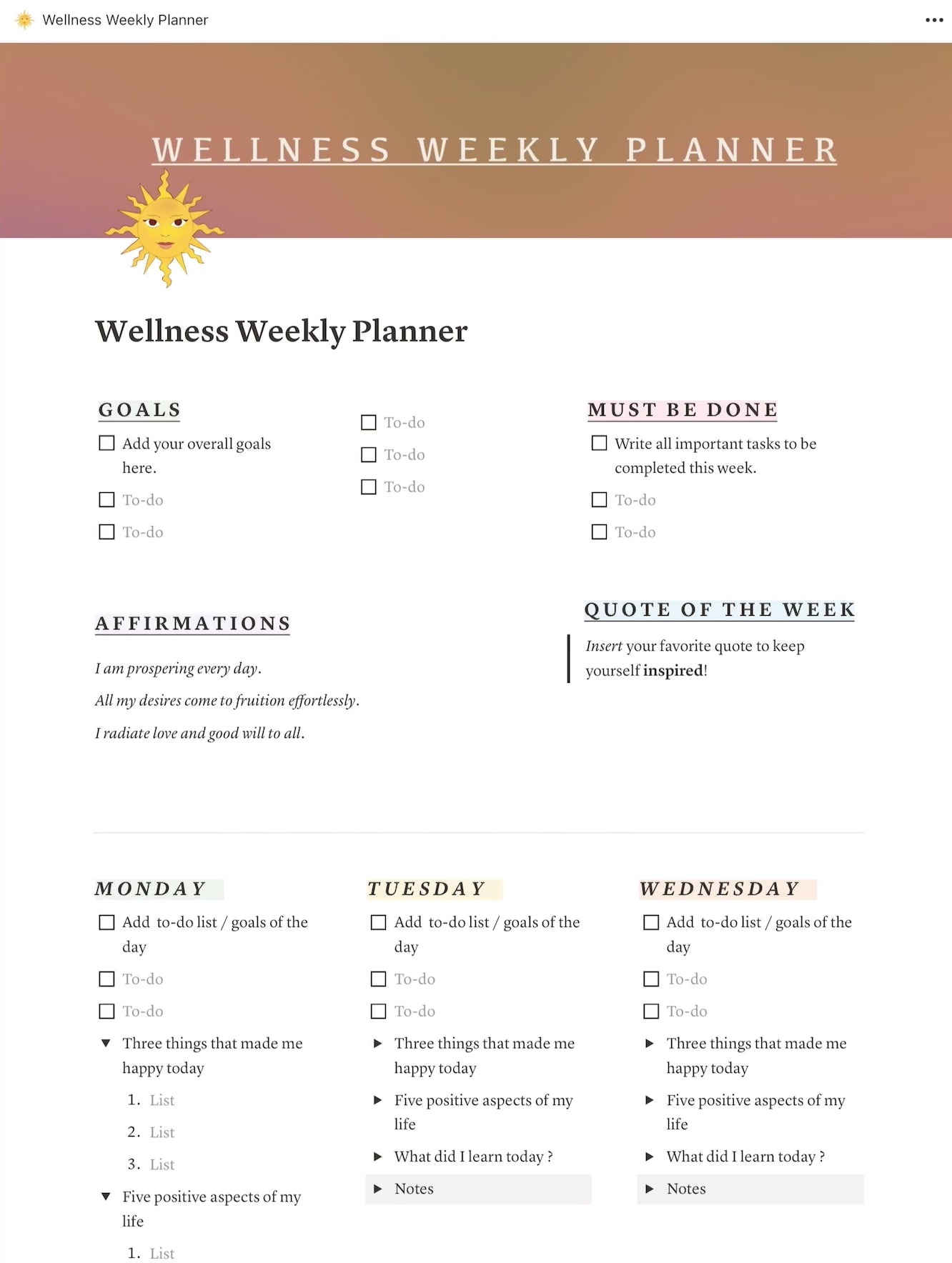 Video scrolling through Wellness Weekly Planner Notion Template